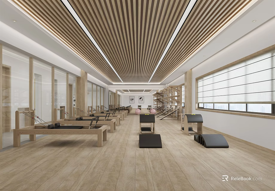Spacious Modern Fitness Gym Interior With Wooden Floors Pilates Reformers And Natural Light 3d model 