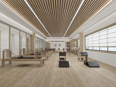 Spacious Modern Fitness Gym Interior With Wooden Floors Pilates Reformers And Natural Light 3d model