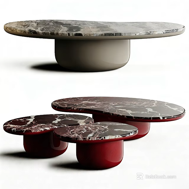 Modern Coffee Table with Round and Oval Marble Top and Gray Red Base Design 3d model 