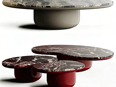 Modern Coffee Table with Round and Oval Marble Top and Gray Red Base Design 3d model