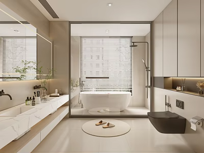 Modern Bathroom Interior With Double Vanity Freestanding Tub And Wall Mounted Toilet 3d model