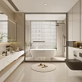 Modern Bathroom Interior With Double Vanity Freestanding Tub And Wall Mounted Toilet