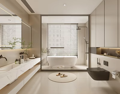 Modern Bathroom Interior With Double Vanity Freestanding Tub And Wall Mounted Toilet 3d model