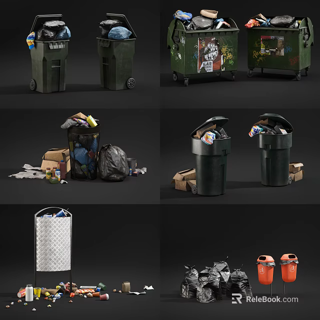 Public Trash Bins With Graffiti Various Colors Empty And Filled States 3d model 