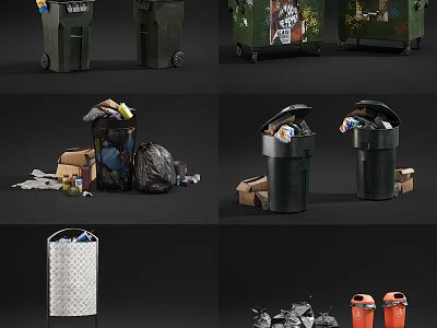 Public Trash Bins With Graffiti Various Colors Empty And Filled States 3d model