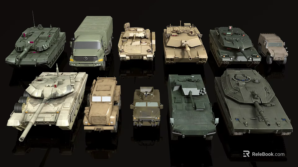 Military Tank and Armored Vehicle Models Displayed in Green Beige Colors on Black Background 3d model 