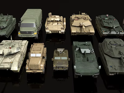 Military Tank and Armored Vehicle Models Displayed in Green Beige Colors on Black Background 3d model