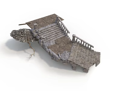 Ancient Stone Architectural Structure With Stepped Path Railings And Exposed Tree Roots 3d model