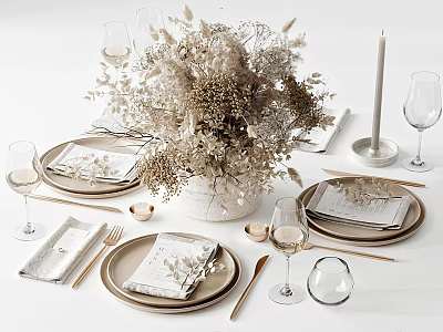 Elegant White Tableware Set With Golden Cutlery Dried Flower Bouquet Wine Glasses And Napkins 3d model