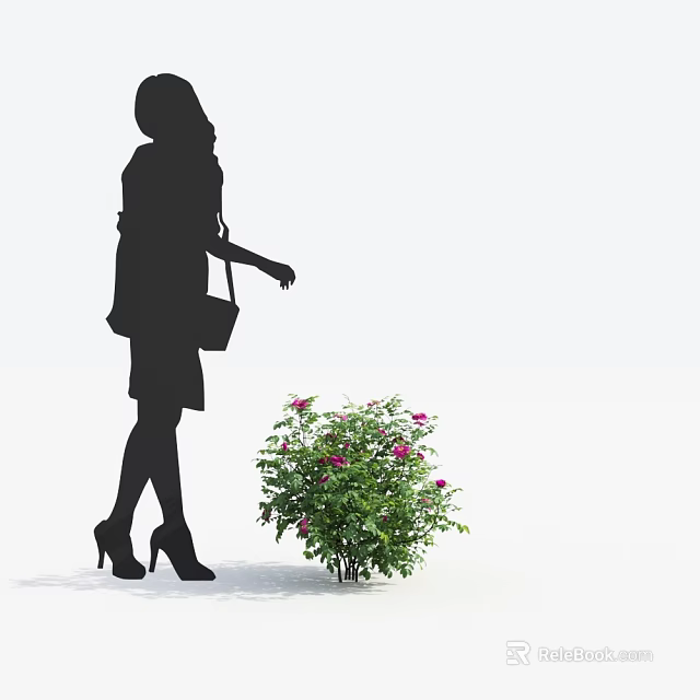Pink Flower Bush With Green Leaves Near Woman Silhouette In High Heels And Handbag 3d model 