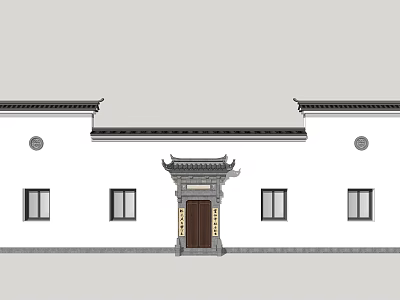 Traditional Chinese Building Exterior Wall With White Surface Black Roof Eaves Wooden Door And Windows 3d model