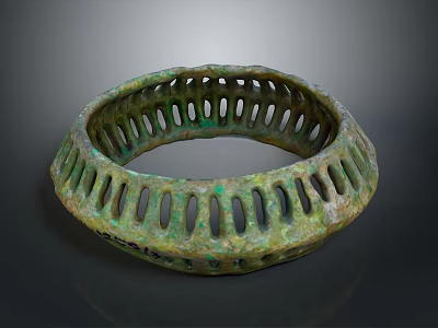 Ancient Bronze Circular Sculpture Carving With Hollowed Out Patterns And Green Patina 3d model