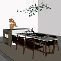 Modern Dining Table Set With White Tabletop Brown Padded Chairs And Branch Like Chandelier