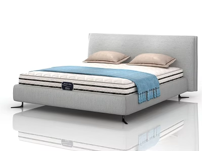 Modern Double Bed with Grey Upholstered Headboard Two Beige Pillows Blue Throw Blanket Black Legs 3d model