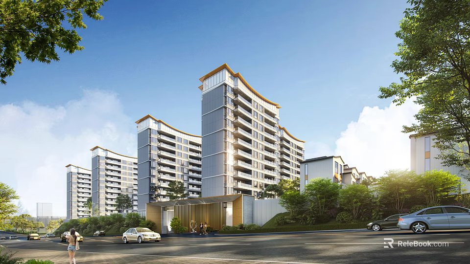 Modern Multi Story Residential Building With Glass Facade And Landscaped Green Surroundings 3d model 