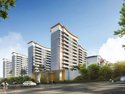 Modern Multi Story Residential Building With Glass Facade And Landscaped Green Surroundings 3d model