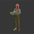 Man Holding Palette Wearing Painted Overalls Standing Barefoot Against Gray Background