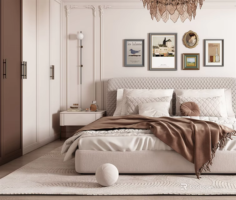 Modern Elegant Bedroom Interior Design With Bed Decorative Paintings Wardrobe And Chandelier 3d model 