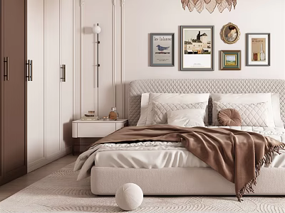 Modern Elegant Bedroom Interior Design With Bed Decorative Paintings Wardrobe And Chandelier 3d model