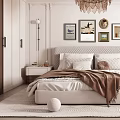 Modern Elegant Bedroom Interior Design With Bed Decorative Paintings Wardrobe And Chandelier