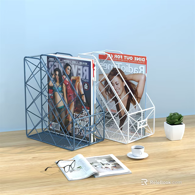 Blue And White Metal Grid Bookcase With Magazines Green Plant And Coffee On Wooden Table 3d model 