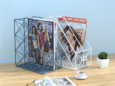 Blue And White Metal Grid Bookcase With Magazines Green Plant And Coffee On Wooden Table 3d model