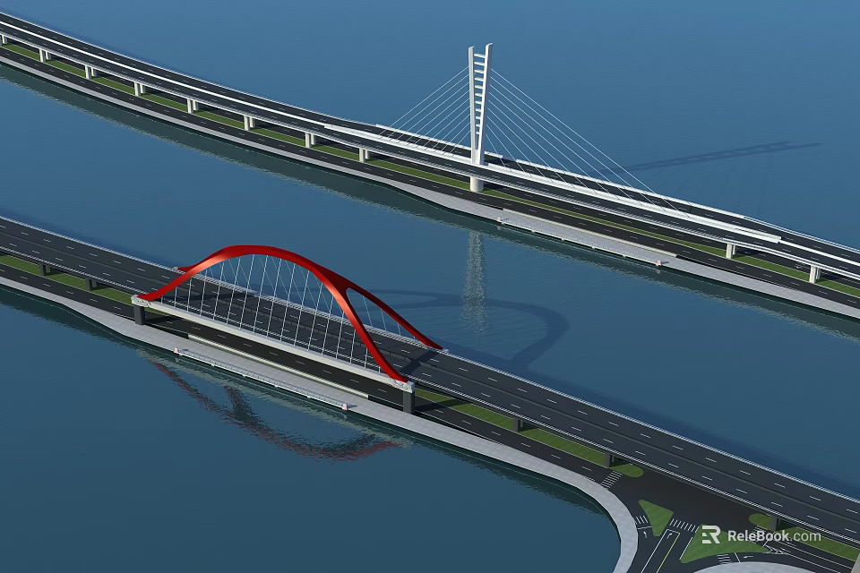 Red Arch Bridge And Cable Stayed Bridge Over Water With Highway And Reflection 3d model 