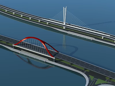 Red Arch Bridge And Cable Stayed Bridge Over Water With Highway And Reflection 3d model