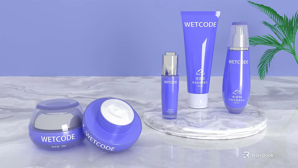 WETCODE Blue Cosmetics Collection On Marble Counter With Cream Jars And Lotion Bottles 3d model 