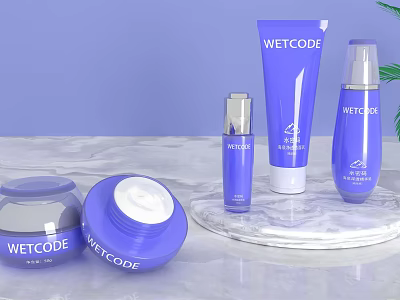 WETCODE Blue Cosmetics Collection On Marble Counter With Cream Jars And Lotion Bottles 3d model