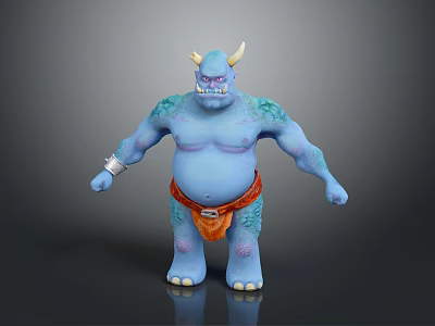 Fantasy Blue Skinned Horned Creature Character Design With Tattoos Bracelet And Orange Loincloth 3d model