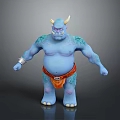 Fantasy Blue Skinned Horned Creature Character Design With Tattoos Bracelet And Orange Loincloth