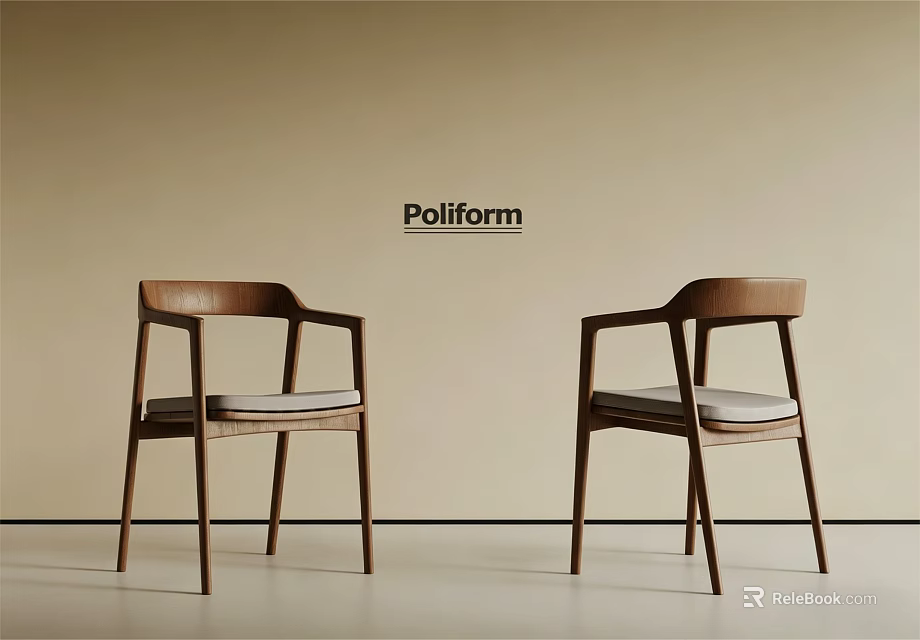 Poliform Wooden Dining Chairs With Armrests And Light Gray Padded Seats 3d model 