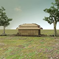 Traditional Thatched Roof Hut Surrounded By Large Trees On Open Grassland