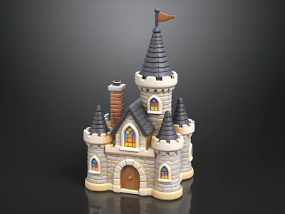 Cute Castle Model With Gray Spires Stone Walls And Stained Glass Windows 3d model