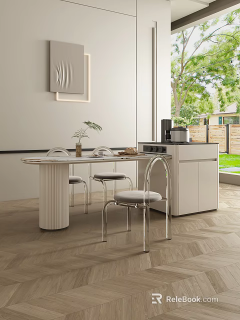 Modern Dining Area With Glass Table Metal Chairs White Cabinets And Outdoor Greenery 3d model 