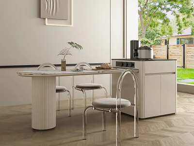 Modern Dining Area With Glass Table Metal Chairs White Cabinets And Outdoor Greenery 3d model