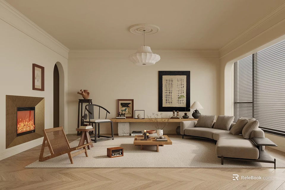 Cozy Living Room Interior Design With Beige Sofa Fireplace Pendant Light Rug And Wooden Furniture 3d model 