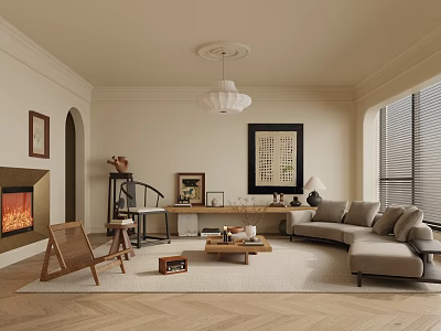 Cozy Living Room Interior Design With Beige Sofa Fireplace Pendant Light Rug And Wooden Furniture 3d model