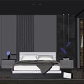 Dark Modern Bedroom Interior With Circular Decorative Lights Gray Bedding And Dark Walls