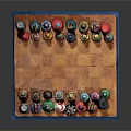 Colorful Decorative Chessboard With Diverse Shaped Pieces On Wooden Board