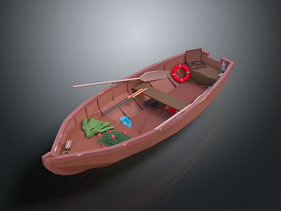Wooden Rowboat Featuring Red Lifebuoy Paddle And Storage Items On Water 3d model