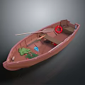 Wooden Rowboat Featuring Red Lifebuoy Paddle And Storage Items On Water