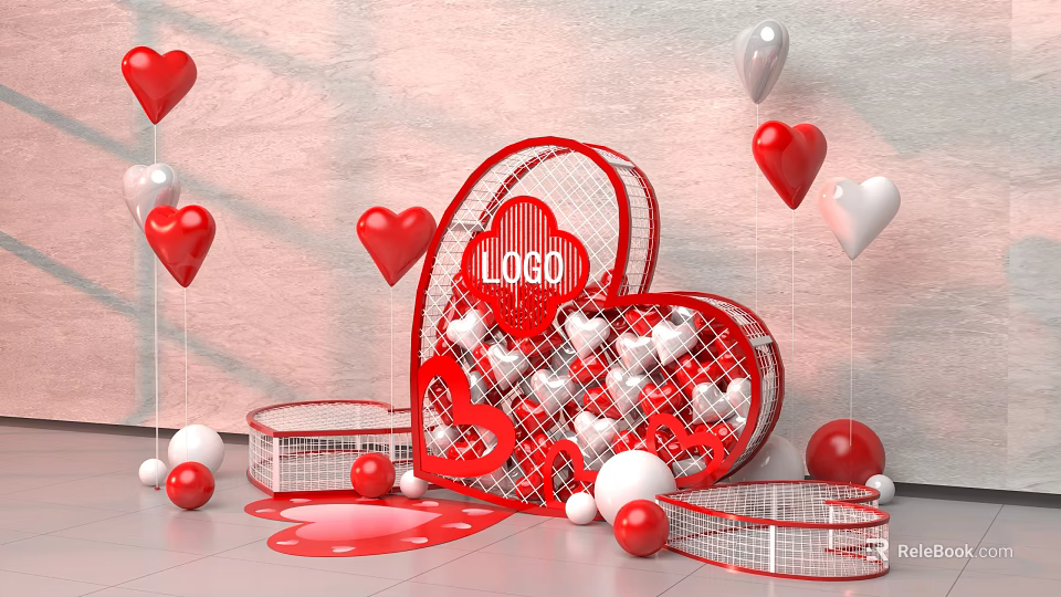 Heart Shaped Red Frame With LOGBI Logo Red White Balloons And Small White Decorative Balls 3d model 