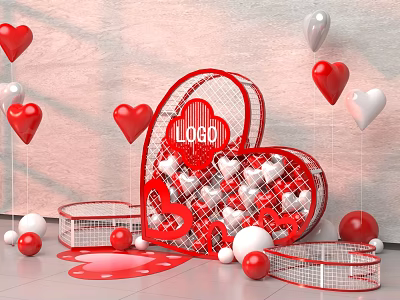 Heart Shaped Red Frame With LOGBI Logo Red White Balloons And Small White Decorative Balls 3d model