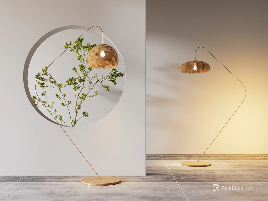 Modern Floor Lamp With Wooden Base And Woven Shade In Interior Space With Green Plant 3d model 