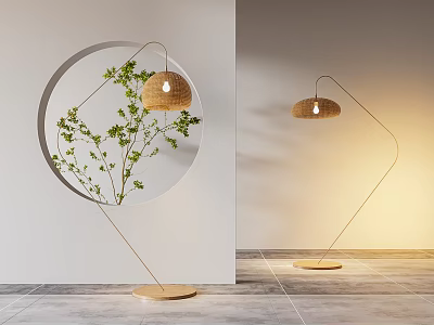 Modern Floor Lamp With Wooden Base And Woven Shade In Interior Space With Green Plant 3d model