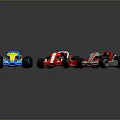 Three Colorful Karts Blue Red and Red White On Gray Background With Clear Reflections