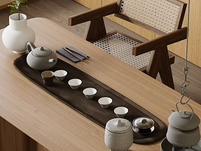 Minimalist Ceramic Tea Set with Teapot Teacups and Tray on Wooden Table with Woven Chair 3d model