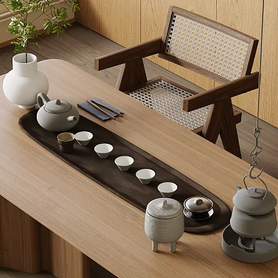 Minimalist Ceramic Tea Set with Teapot Teacups and Tray on Wooden Table with Woven Chair 3d model